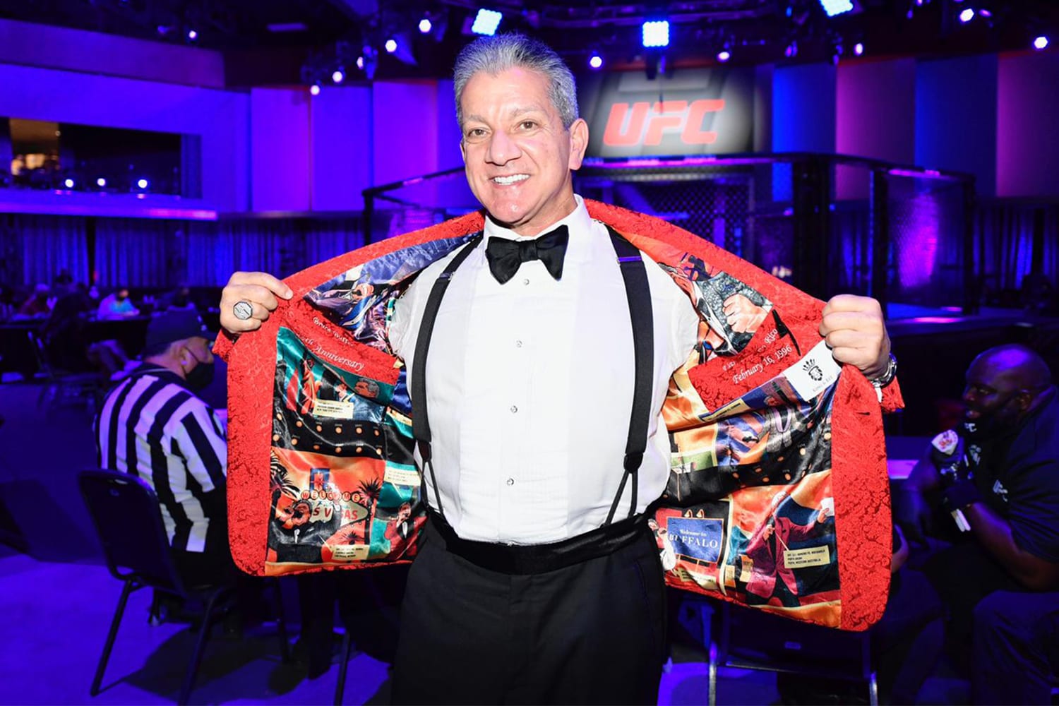 Bruce Buffer Wearing a Raw Silk Jacquard Smoking Jacket from King & Bay