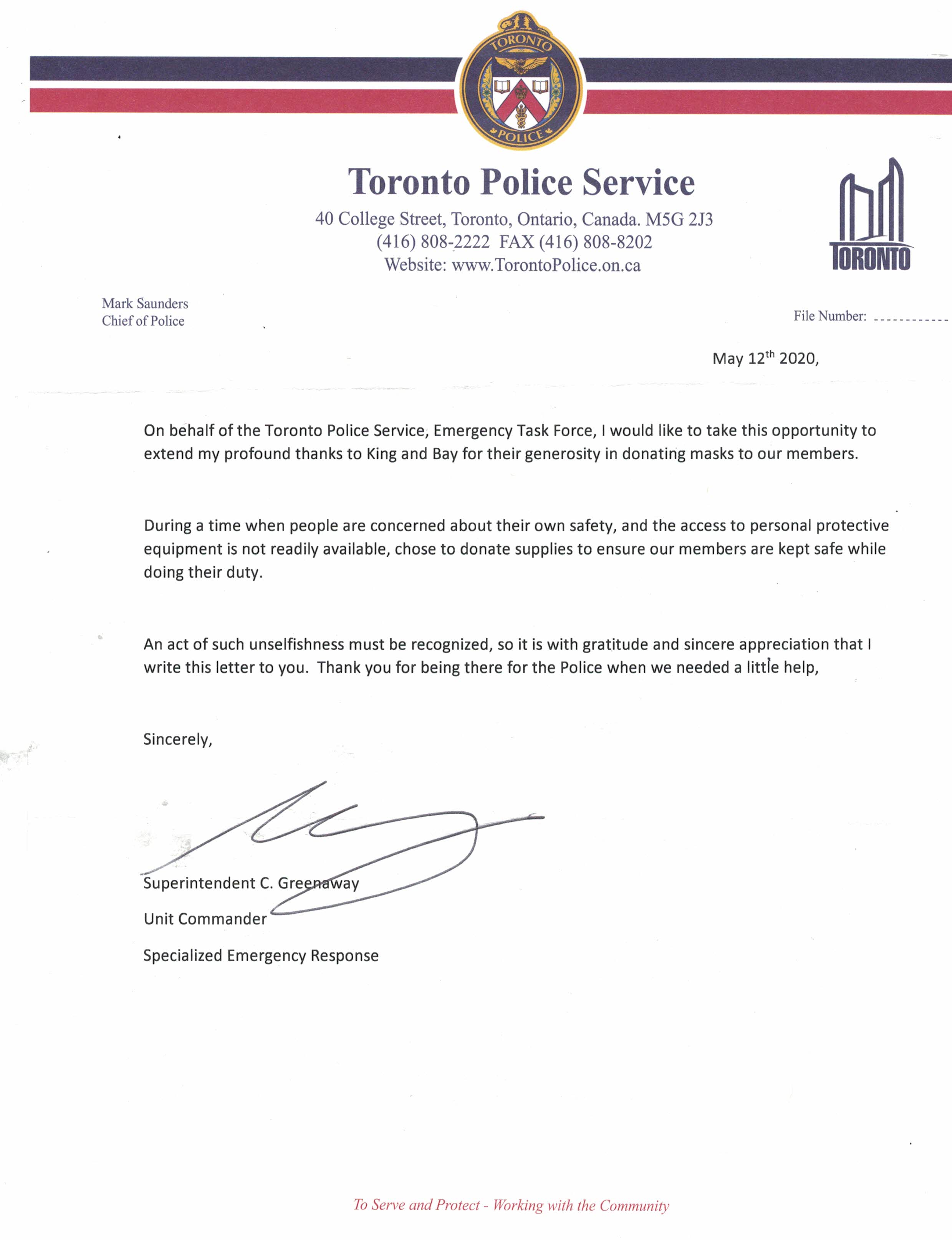 King & Bay receives recognition from the Toronto Police Force's Emergency Task Force for Mission2Mask Initiative